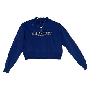 BLUE size medium cropped forever 21 quarter zip says “williamsburg new york”